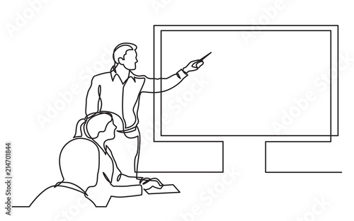 continuous line drawing of business presentation during team meeting