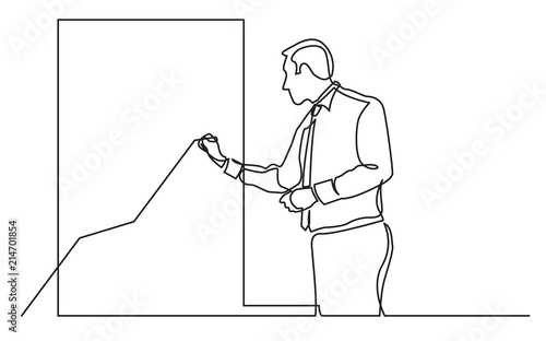 continuous line drawing of business presentation - businessman drawing increasing graph