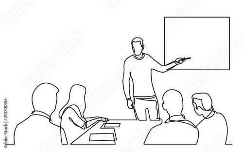 continuous line drawing of business presentation during team meeting at screen