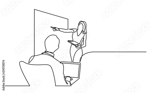 continuous line drawing of business presentation in meeting room