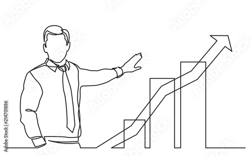 continuous line drawing of business presentation - businessman showing growing graph