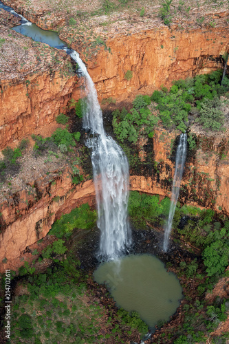 Aerial Portrait view of spectacular double drop unamed waterfall in the Cockburn Ranges  El Questro Resort  Kimberley  Western Australia.