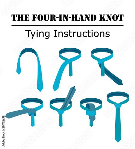 Four in hand tie knot instructions isolated on white background. Guide how to tie a necktie. Flat illustration in vector