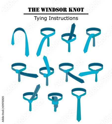 The windsor tie knot instructions isolated on white background. Guide how to tie a necktie. Flat illustration in vector