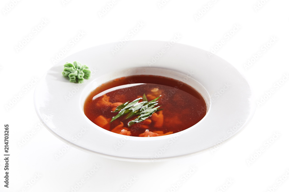 Red Soup with Seafood in White Plate Isolated Red Soup with Seafood in White Plate Isolated