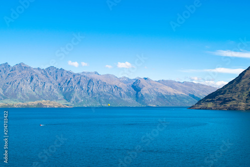 View of mountains and sea, South Island, New Zealand.