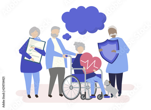 Characters of senior people holding healthcare icons illustration