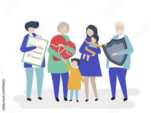 Characters of an extended family with healthcare illustration