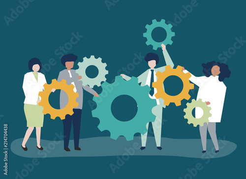 Characters of business people holding cogwheels illustration