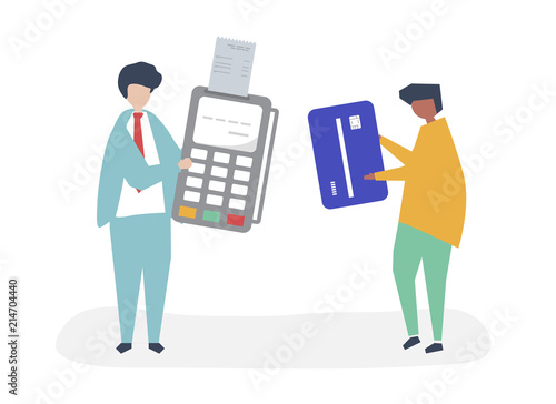 Characters of people making a credit card transaction illustration