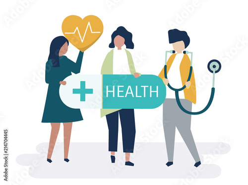 Characters of people holding healthcare icons illustration