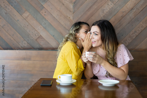 Pretty woman whispering secret to her curious friend. Young woman telling gossip to amazed female friend. Rumor concept
