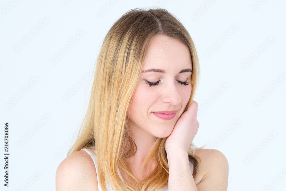 content beautiful dreamy young woman with eyes closed. pretty blond girl portrait on white background. content beautiful dreamy young woman with eyes closed. pretty blond girl portrait on white background.