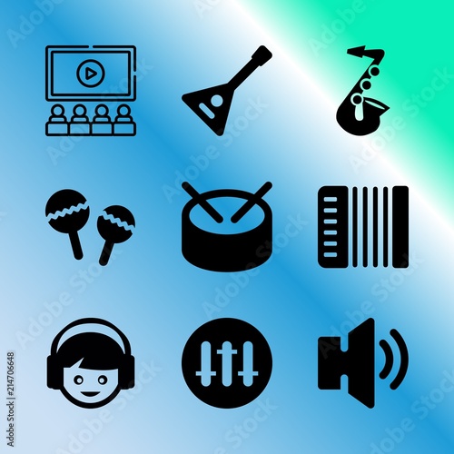 Vector icon set about music with 9 icons related to cloth, silhouette, harmonic, earflaps, scene, film, movie, job, line and audio