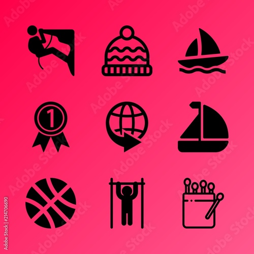 Vector icon set about fitness and sport with 9 icons related to hike, pull, athletic, honor, luxury, ship, bar, goal, graphic and holiday