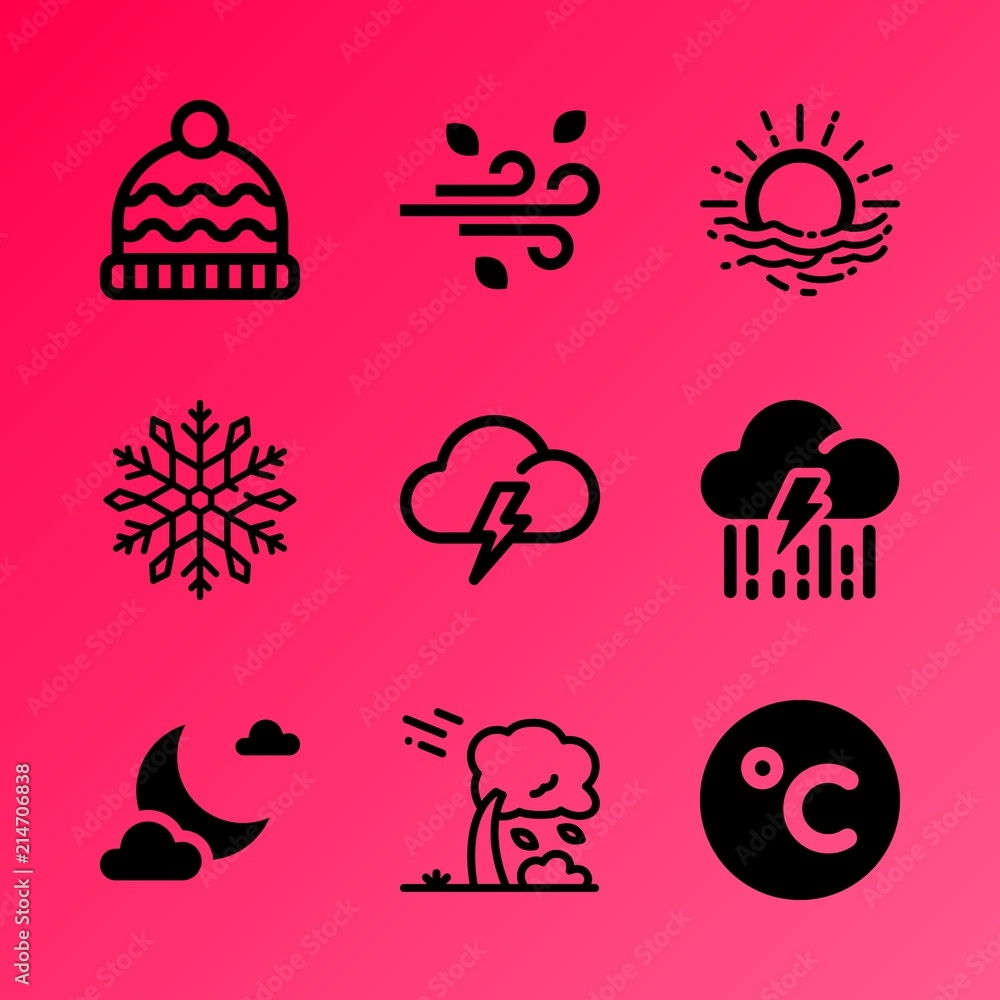 Vector icon set about weather with 9 icons related to vintage, charge, surface, foggy weather, sphere, dark, sunset, arrow, pattern and decorative
