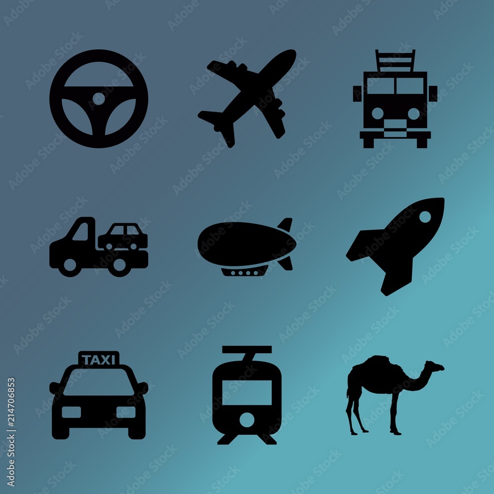 Vector icon set about transport with 9 icons related to motorcycle, big, security, tramway, car, wild, fly, wrecker, automobile and town