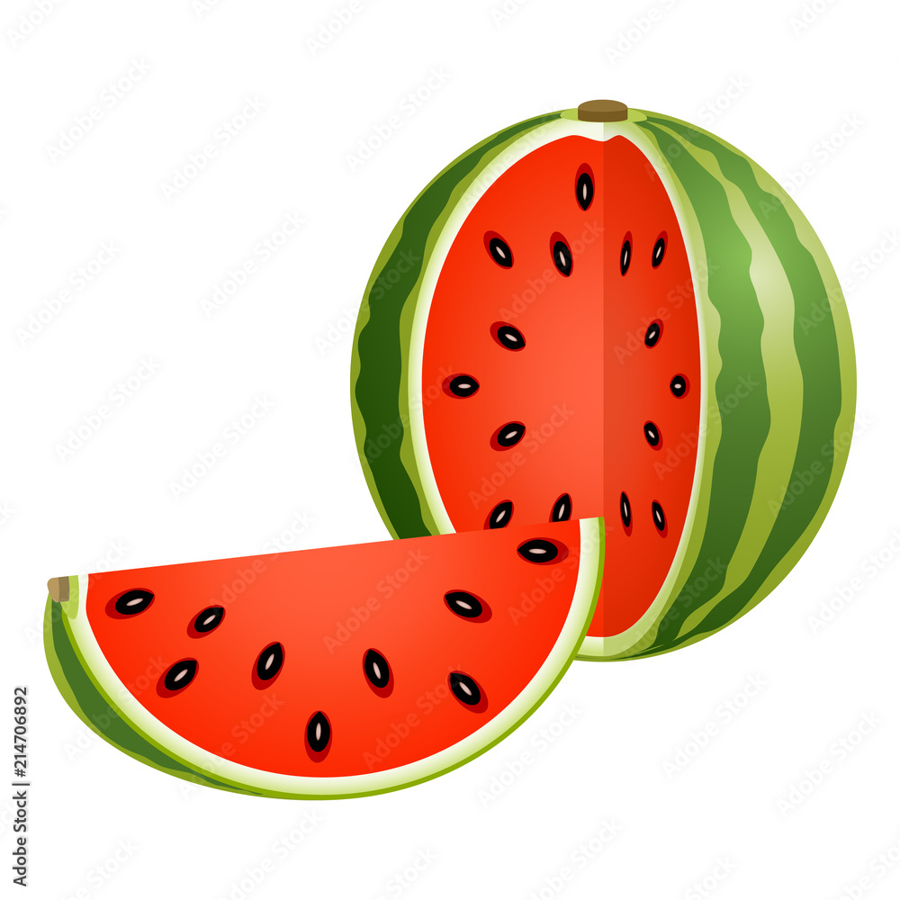 Vector illustration of cut watermelon with slice isolated on white background. Vector illustration of cut watermelon with slice isolated on white background.