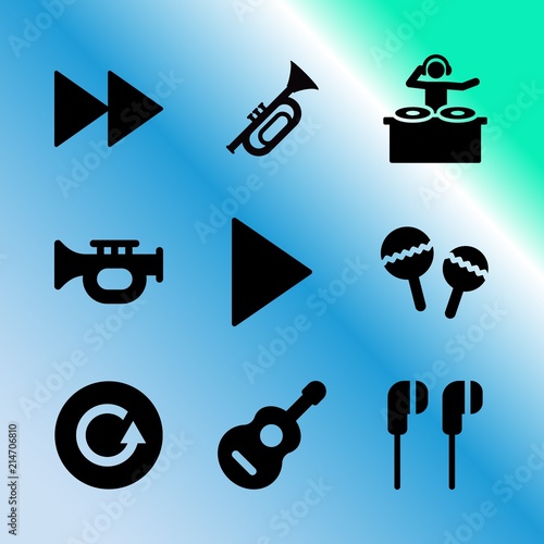 Vector icon set about music player with 9 icons related to headphone, drawn, target, deejay, directional, stop, interface, melody, icon and right