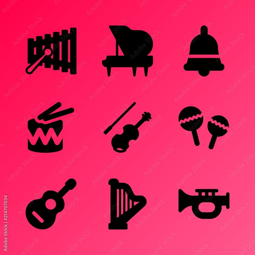 Vector icon set about music instruments with 9 icons related to tone, educational, trumpet, violin, music keys, beat, classical, object, grand piano and rainbow Vector icon set about music instruments with 9 icons related to tone, educational, trumpet, violin, music keys, beat, classical, object, grand piano and rainbow