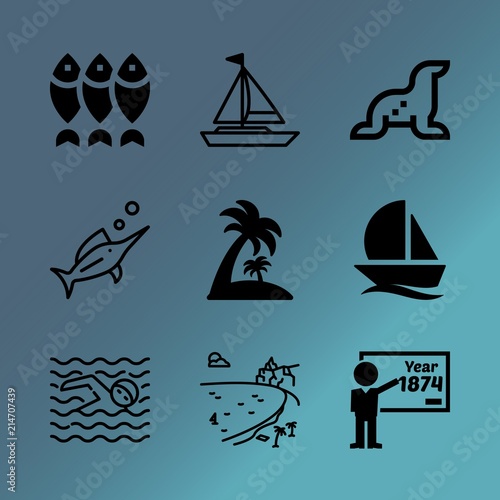 Vector icon set about sea with 9 icons related to view  sea lion  bay  turquoise  ripple  day  black  lion  thailand and grunge