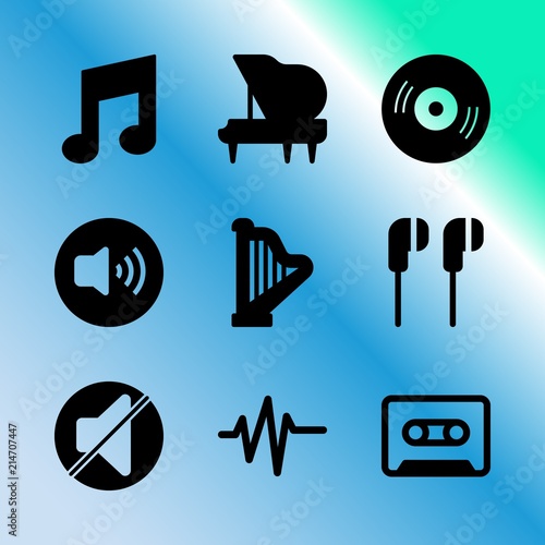 Vector icon set about music with 9 icons related to pictogram, headset, button, network, bass, photography, internet, mobile device, abstract and background