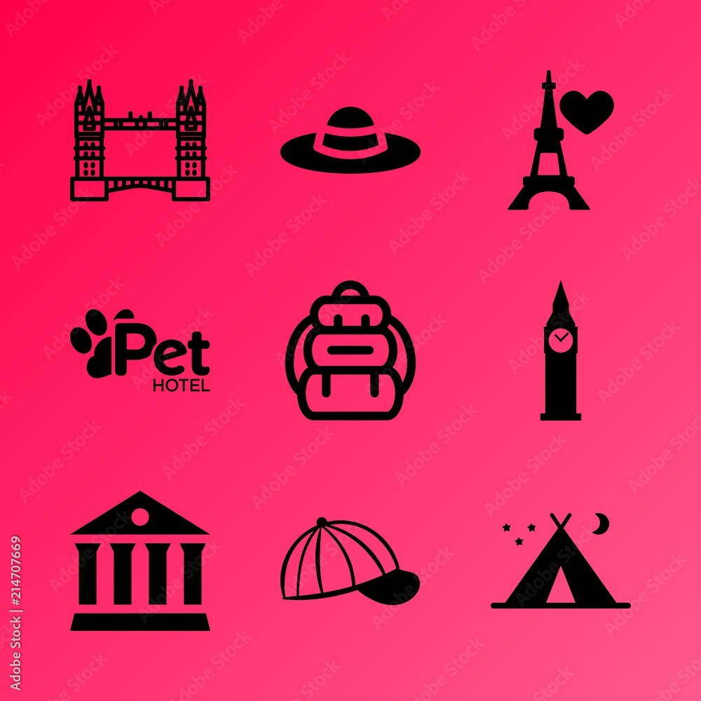 Vector icon set about travel and tourism with 9 icons related to jack, sleep, statue, romance, outdoors, touristic, russell, backpacker, fire and city