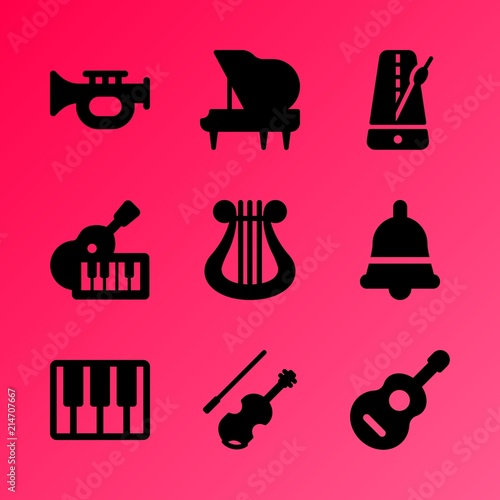 Vector icon set about music instruments with 9 icons related to artistic, fiddle, gusli, music keys, musician, box of dominoes, fiddle bow, rock, background and tune
