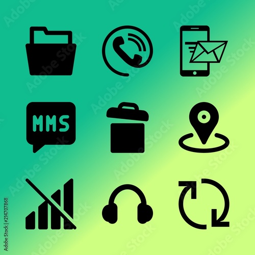 Vector icon set about mobile device with 9 icons related to display, noise, designator, pixel, inbox, user, position, broken, earflaps and literature
