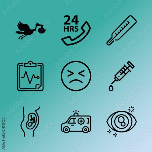 Vector icon set about medicine with 9 icons related to scale, frost, health, cold, skin, myopia, infant, tummy, family and flashing