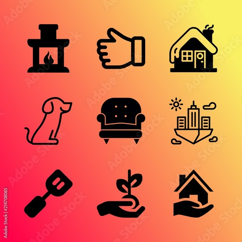 Vector icon set about home with 9 icons related to forest, landscape, card, camp, seat, environmental, nursling, silhouette, small and space