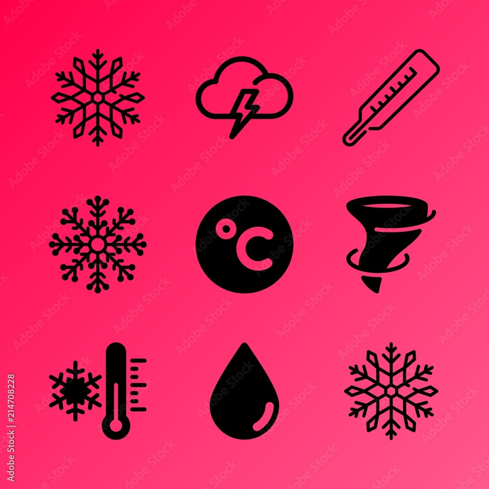 Vector icon set about weather with 9 icons related to meteorology, autumn, disaster, pure, symbol, set, nutrition, geometric, flora and white