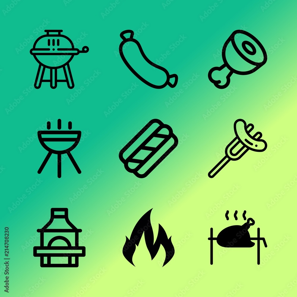 Vector icon set about barbecue with 9 icons related to garden, fat, white, sausage, smoke, summer, vintage, table, wiener and blaze
