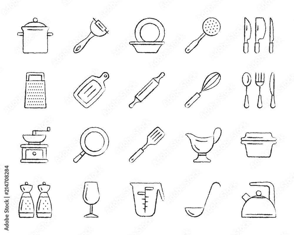 Kitchenware charcoal draw line icons vector set Kitchenware charcoal draw line icons vector set