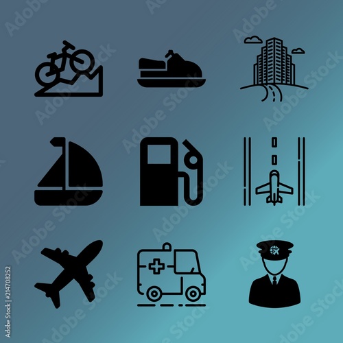 Vector icon set about transport with 9 icons related to circle, emergency, focus, dutch, cruise, drive, female, icon, refinery and commercial