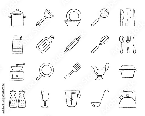 Kitchenware charcoal draw line icons vector set