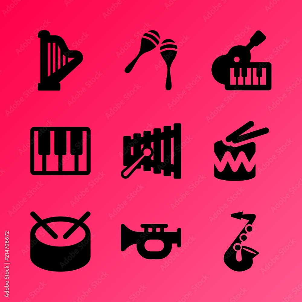 Vector icon set about music instruments with 9 icons related to melody, toy, color, symbol, symphony, educational, artistic, musician, decoration and object