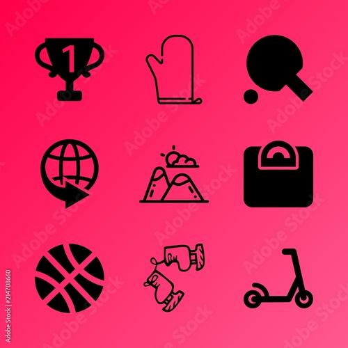 Vector icon set about fitness and sport with 9 icons related to athletic, season, silhouette, graphic, flat, venue, mountain scene, morning, acquit and law