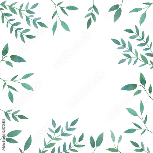 Template with green branches of leaves. Square floral frame. Hand drawn watercolor illustration. Botanical label. For invitations, greeting cards, natural cosmetics, packing and tea.
