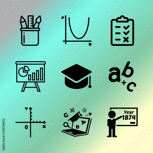 Vector icon set about education with 9 icons related to learn, background, blackboard, vector, robot, health, baby, graphics, culture and fun
