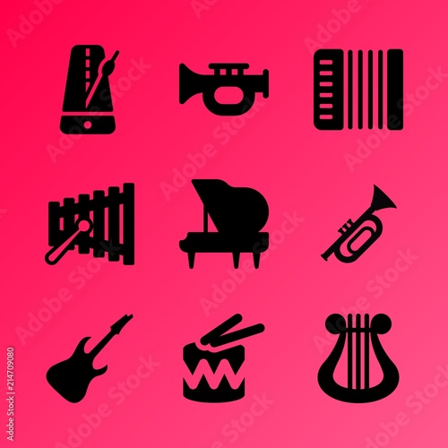 Vector icon set about music instruments with 9 icons related to orchestra, grand piano, entertainment, stick, sound, guitar, concert, design, silhouette and bass
