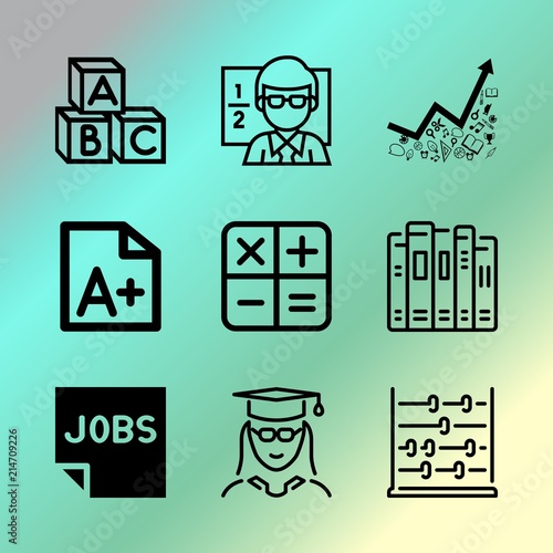 Vector icon set about education with 9 icons related to tool, notebook, label, word, friends, male, technical, little, employee and element