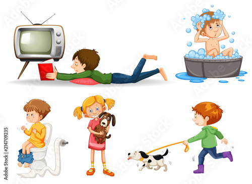Set of various children doing activities