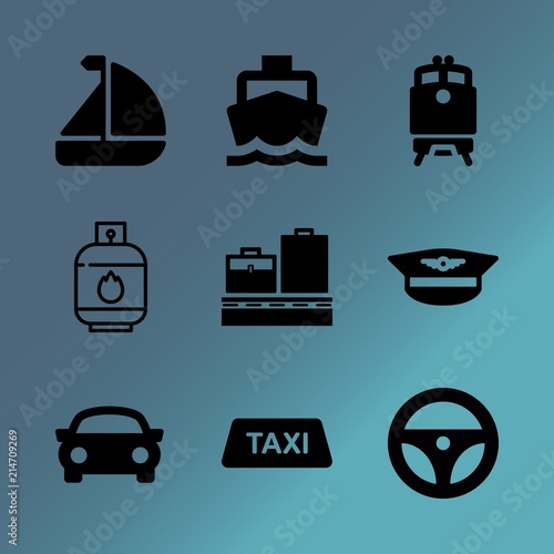 Vector icon set about transport with 9 icons related to life, travel, adventure, sailboat, traffic, black, service, web, tourism and wifi
