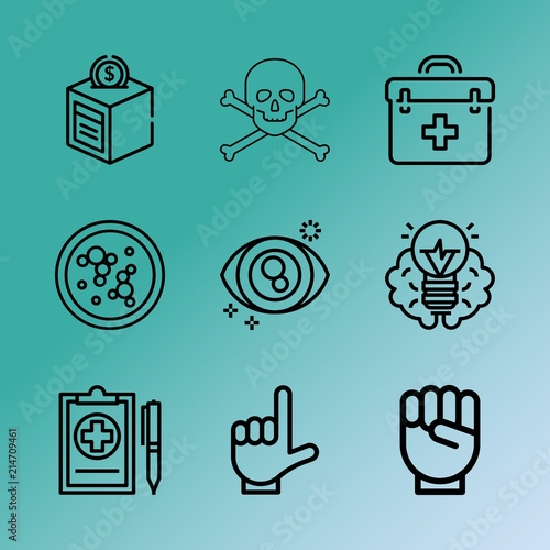 Vector icon set about medicine with 9 icons related to scientist, service, american, toxin, agar, expression, eyecare, wound, illness and assay