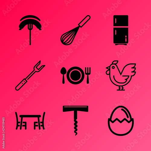 Vector icon set about kitchen with 9 icons related to egg, light, mixer, closeup, dishware, place, breakfast, frig, fat and table