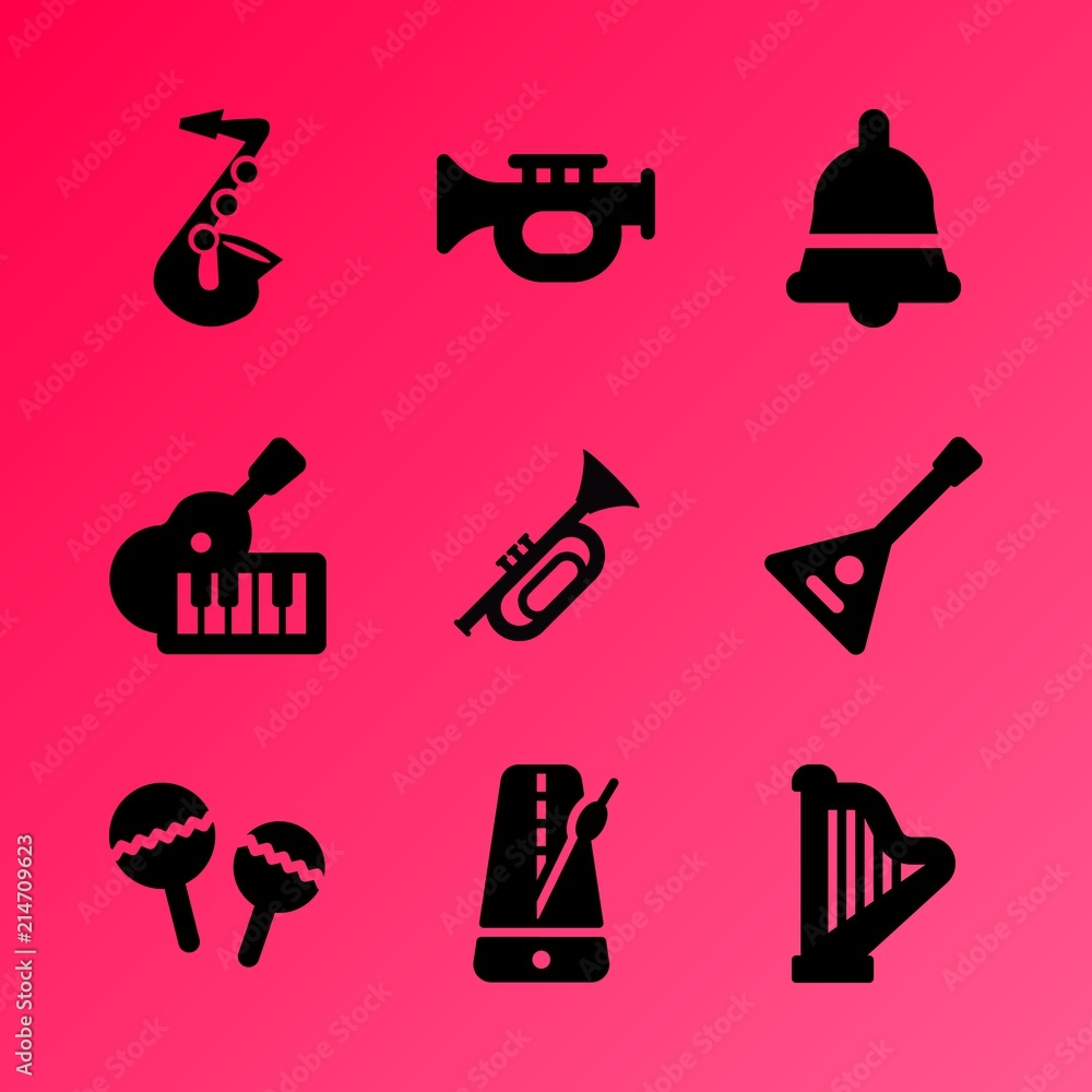 Vector icon set about music instruments with 9 icons related to harp, symphony, concept, classical, illustration, bass, style, entertainment, handbell and play