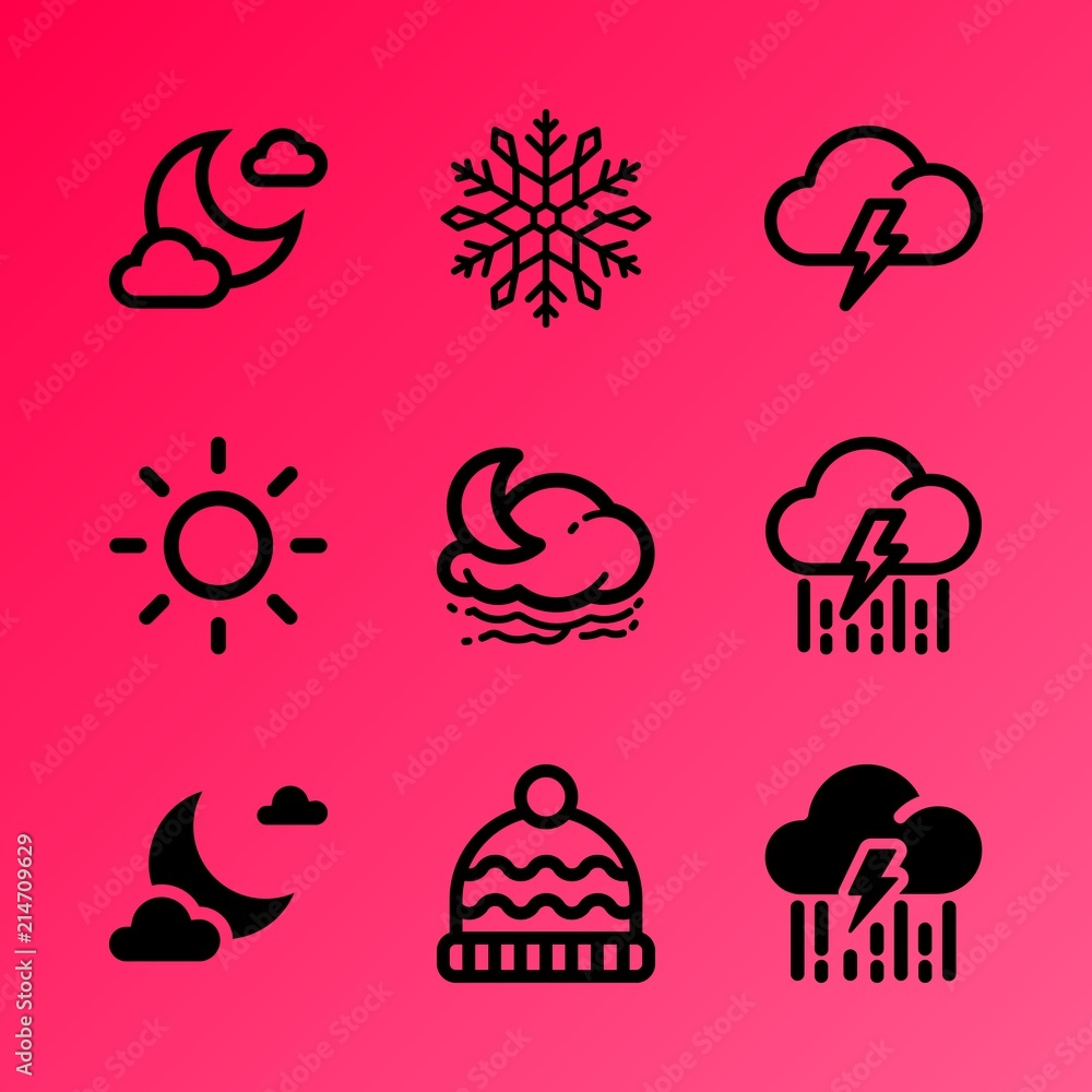 Vector icon set about weather with 9 icons related to big, electricity, shower, round, park, forest, full, snowboarding, atmosphere and space Vector icon set about weather with 9 icons related to big, electricity, shower, round, park, forest, full, snowboarding, atmosphere and space