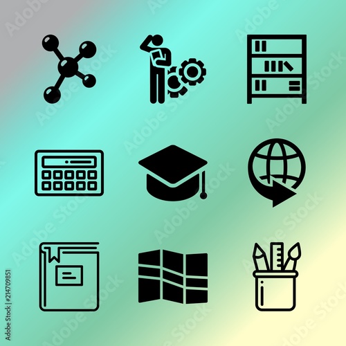 Vector icon set about education with 9 icons related to flat, round, australia, laptop, notebook, electron, illustration, work, businesswoman and stadium
