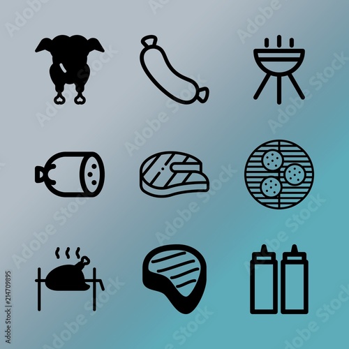 Vector icon set about barbecue with 9 icons related to filet, hot, salmon, macro, wooden, homemade, seasoning, barbeque, spice and sirloin